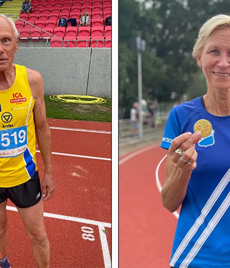 Olle Borg som tog guld i tresteg i M75 och Karin Schön som tog guld på 10000 meter i K60.