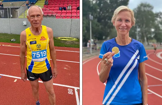 Olle Borg som tog guld i tresteg i M75 och Karin Schön som tog guld på 10000 meter i K60.